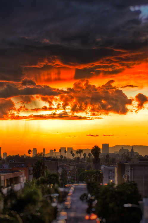 Fiery Sunset Los Angeles Skyline Landscape