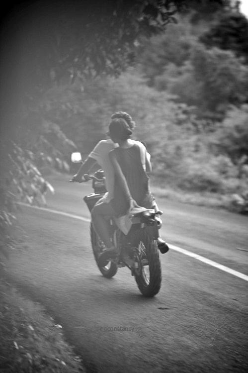 A rider on a vintage motorcycle navigates a winding mountain road in black and white, moving through dappled light from overhanging trees. This composition emphasizes contemplative solitude and the romance of the open road.