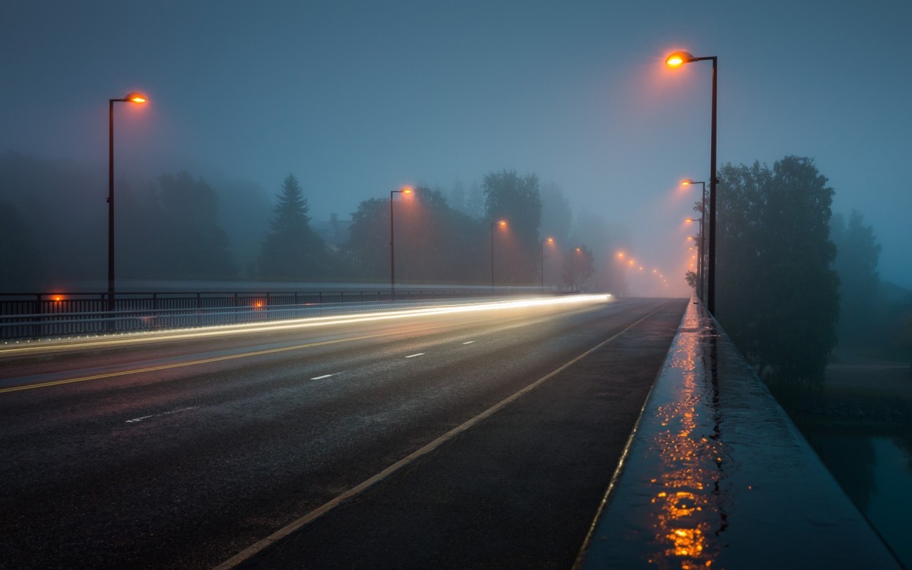 Illuminated Highway Landscape Foggy Night