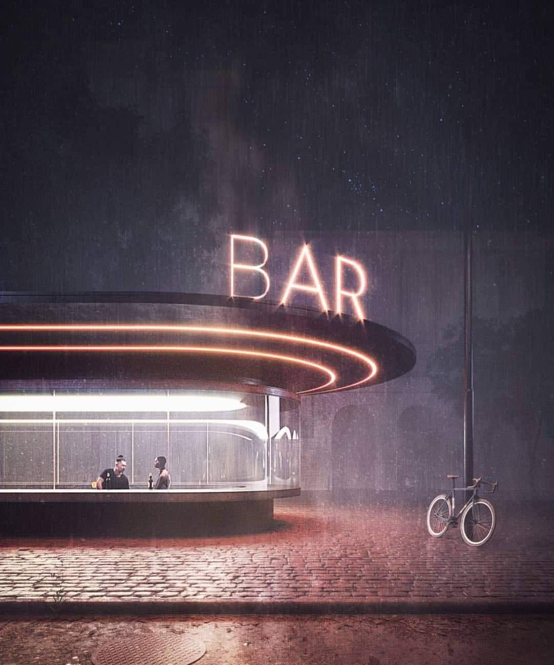 Rainy Bar Neon Sign Exterior Photography