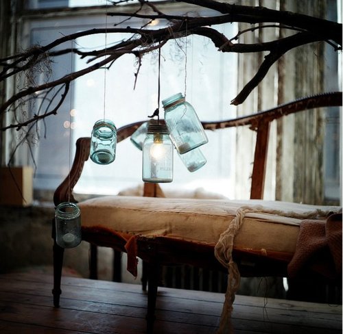 Rustic Wooden Deck Glowing Mason Jar Lights