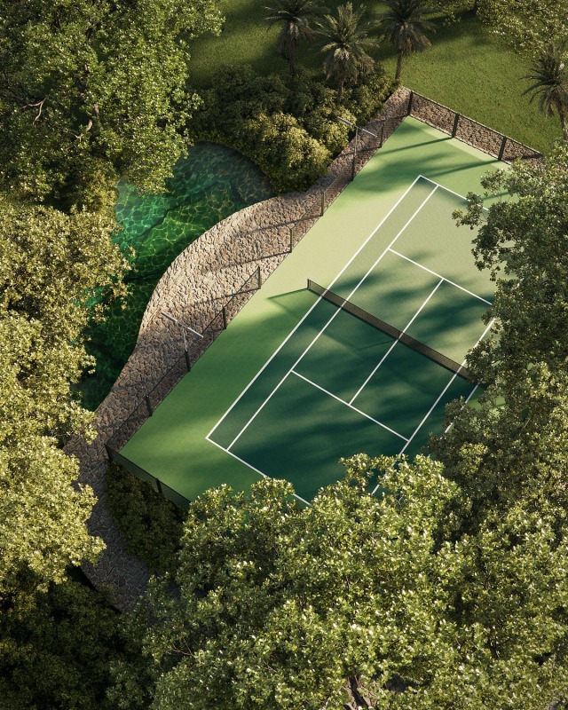 Lush Tropical Tennis Court Landscape