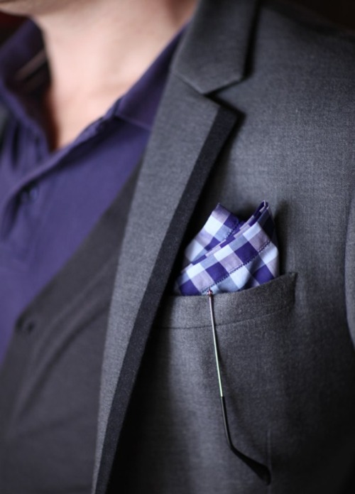 Charcoal Gray Suit With Purple Pocket Square