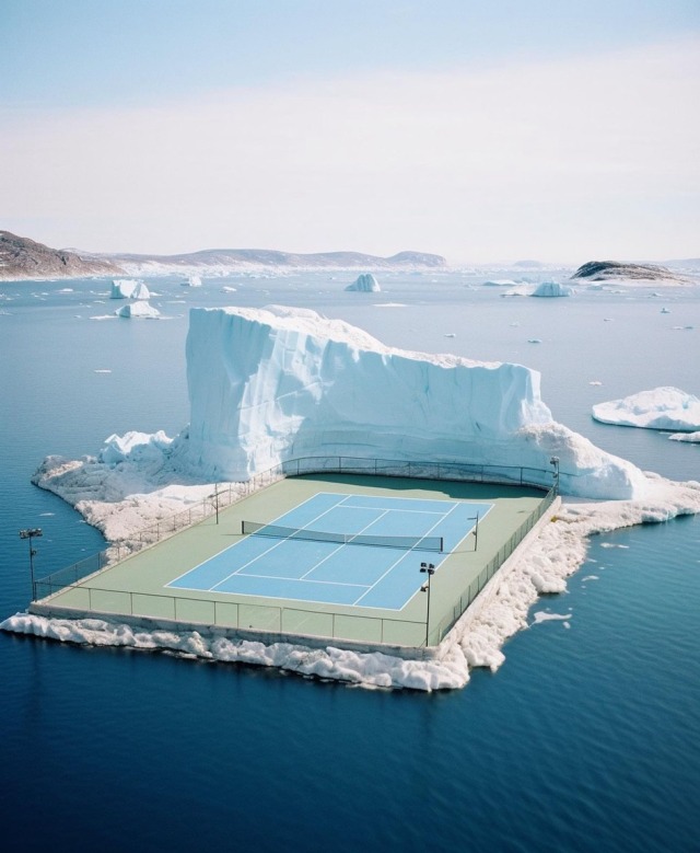 Aerial View Tennis Court Arctic Icebergs