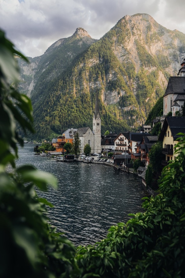 Colorful Alpine Village Lakeside Landscape