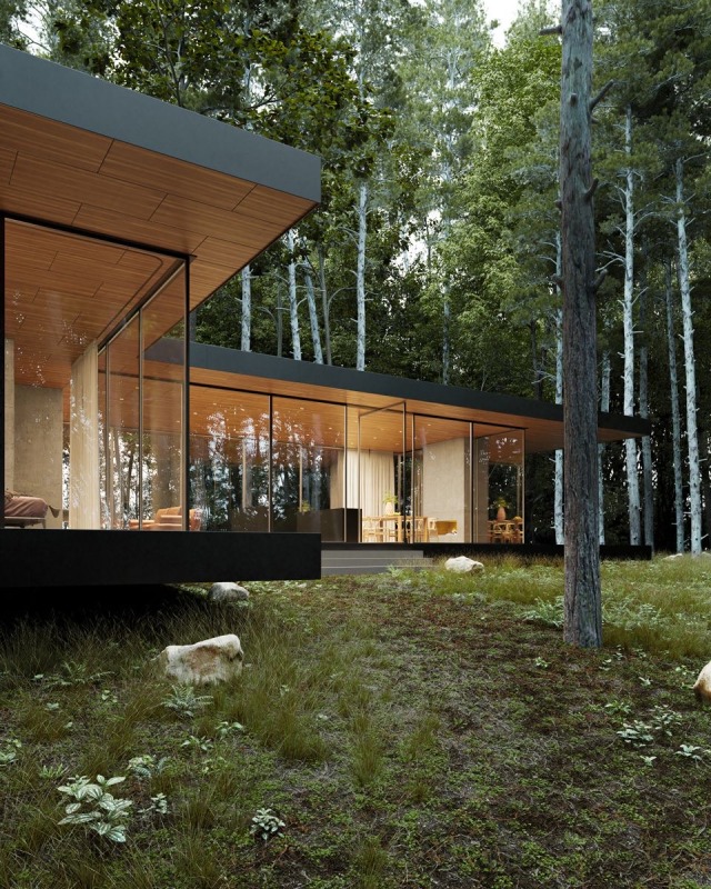 Modern Cabin In Pine Forest Landscape