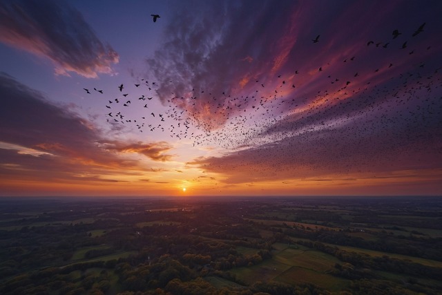 Urban Sunset With Bird Silhouettes Aerial View