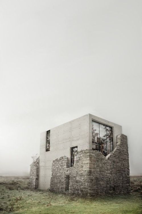 Abandoned Concrete Structure Misty Moors Landscape