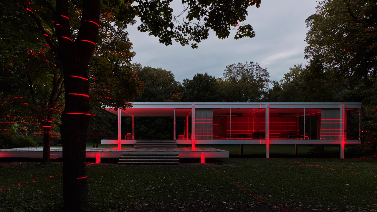 Modernist Red Pavilion In Autumn Park