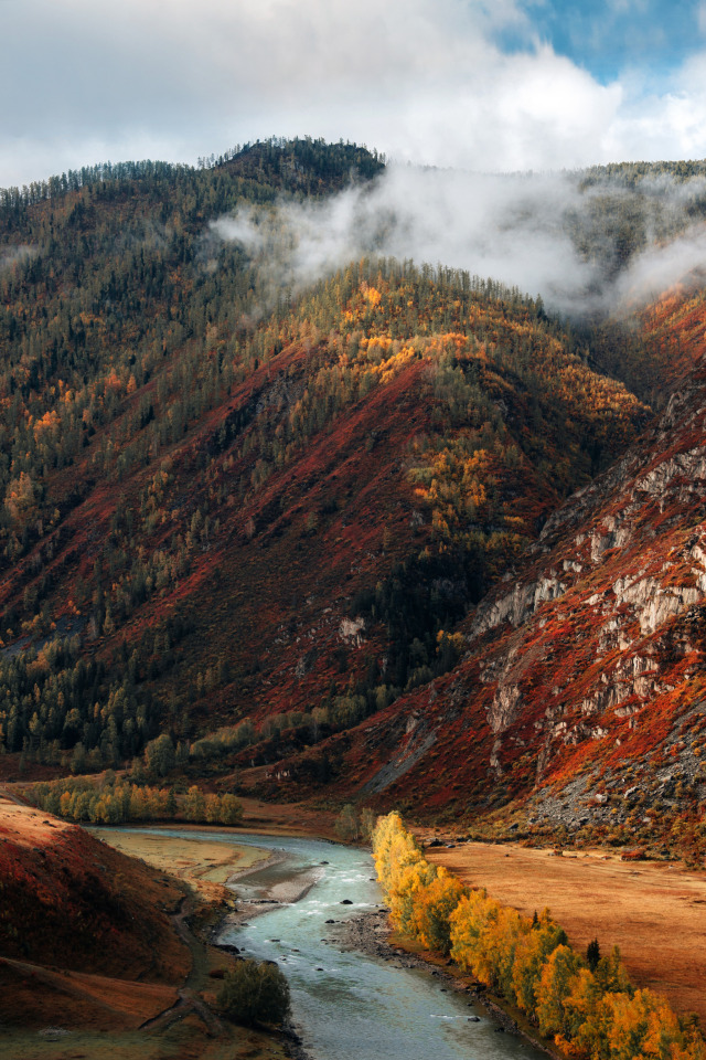 Autumn Mountain River Scenery Dramatic Clouds
