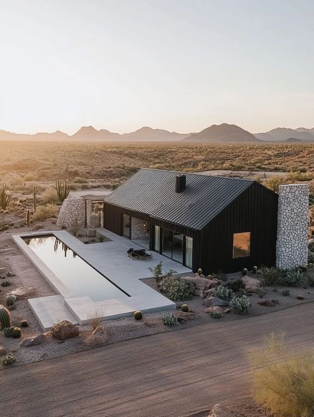 Black Modern House Desert Mountains Landscaping