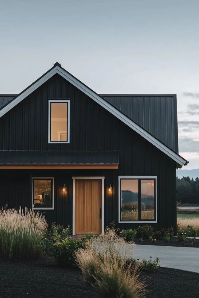 Black Modern House Wooden Door Windows Nature Landscape