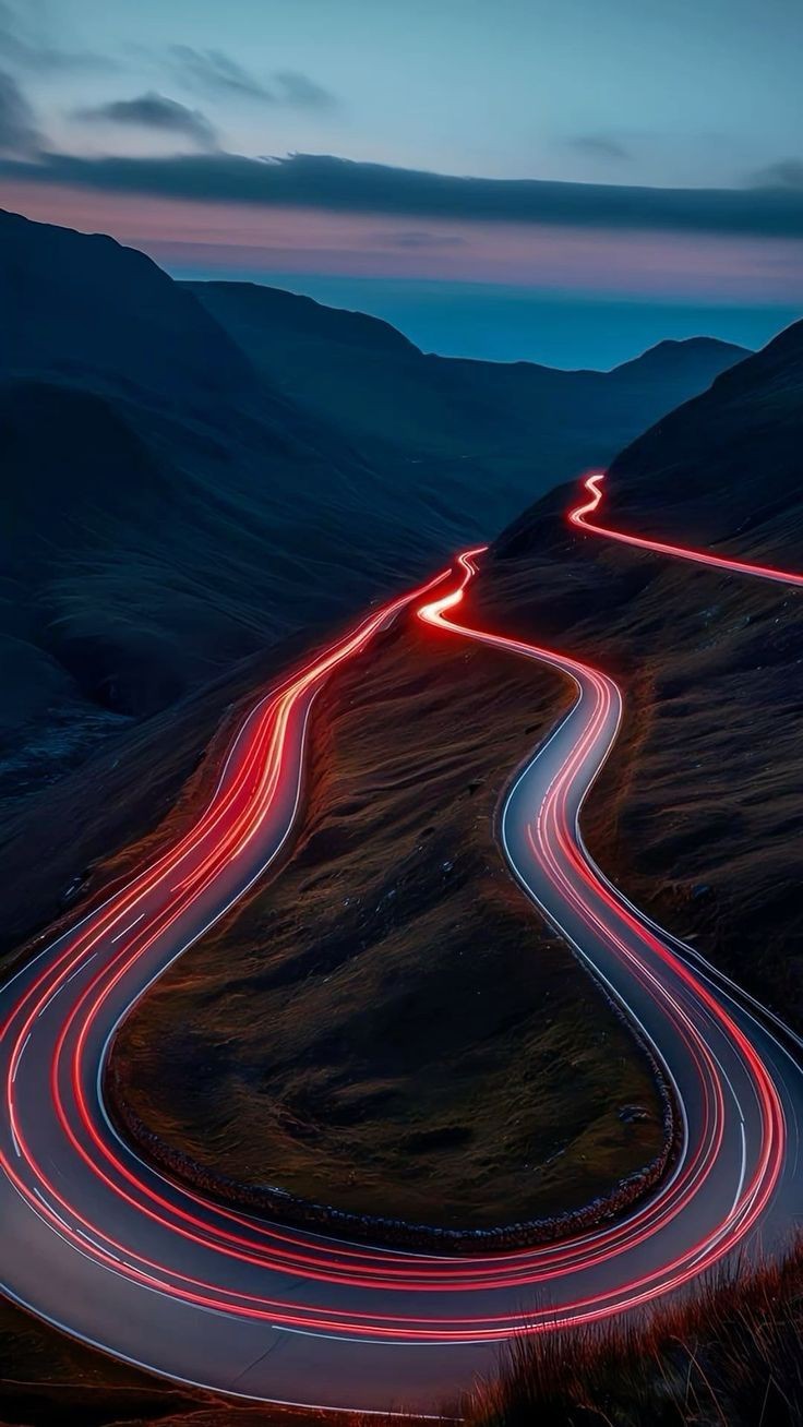 Mountainous Twilight Road Landscape Drone View