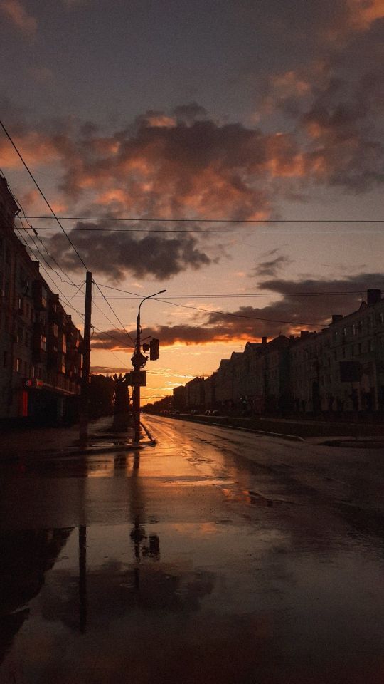 City Street Sunset Clouds Reflection Puddle