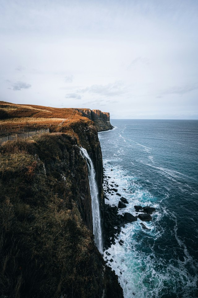 Cliff Waterfall Ocean Waves Cloudy Sky