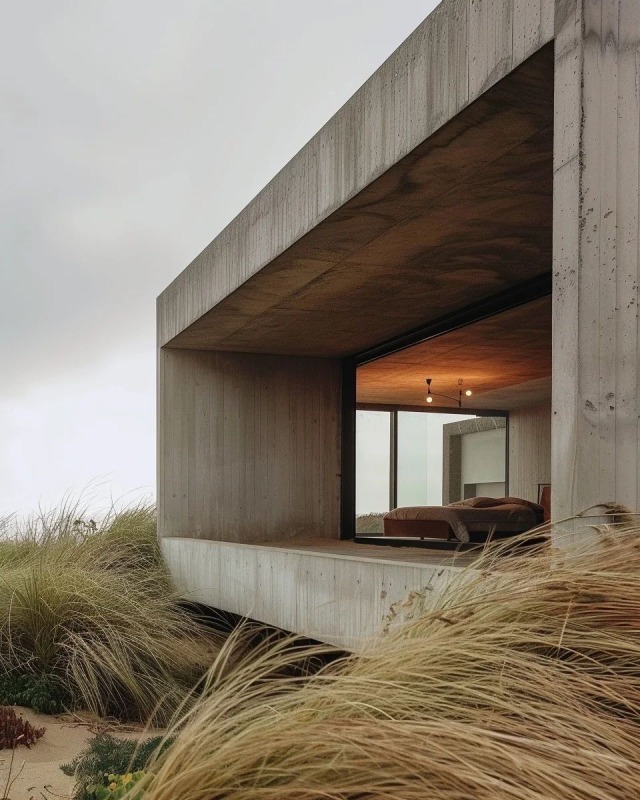 Concrete Building Wood Decor Ocean Grass