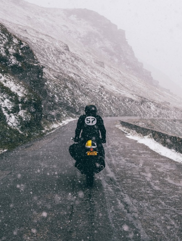 Winter Motorcycle On Snowy Mountain Pass