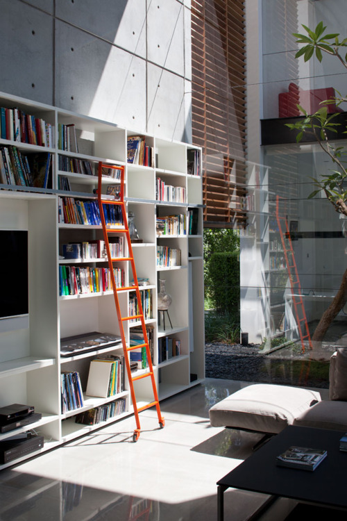 Modern Library Interior Rustic Brick Ladder