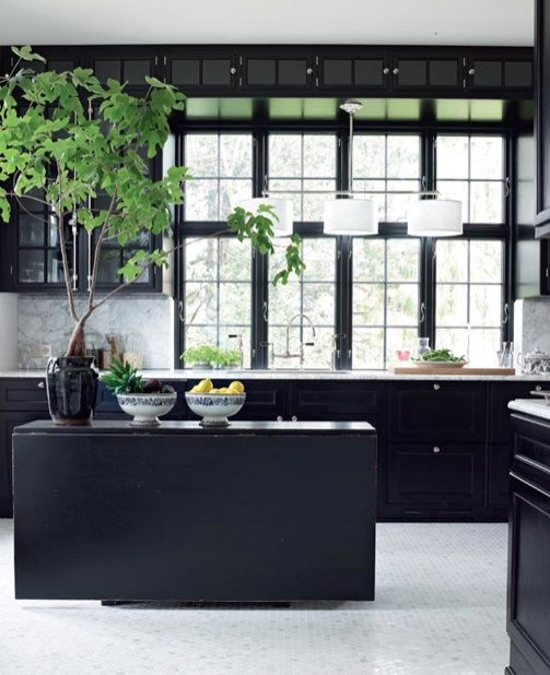 Modern Black Kitchen With Industrial Windows