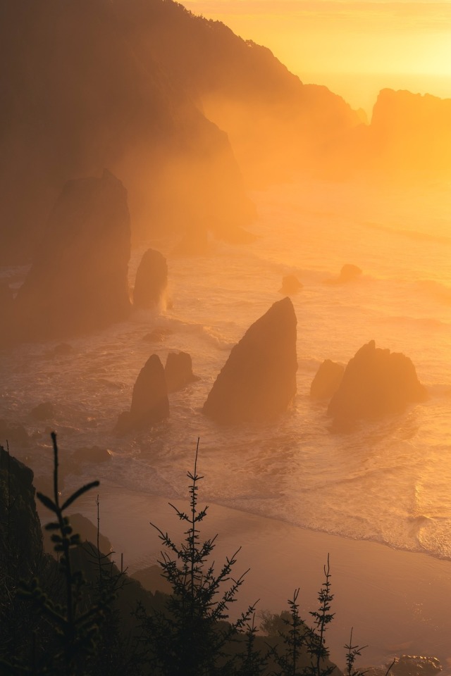 Coastal Sea Stacks Sunset Landscape