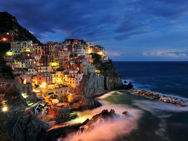 Coastal Cliffside Village Nightscape Photography