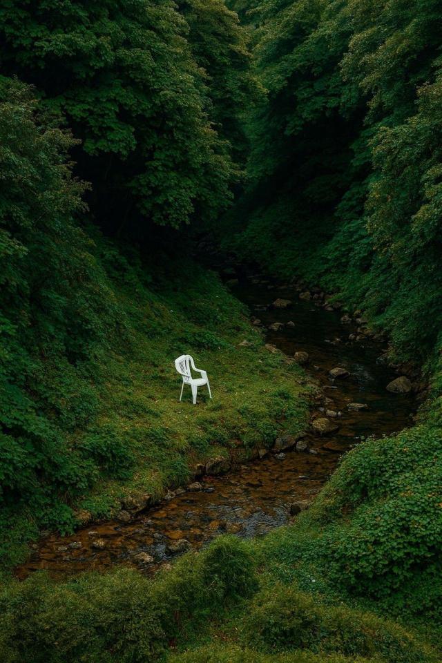 Green Forested Valley Stream White Chair