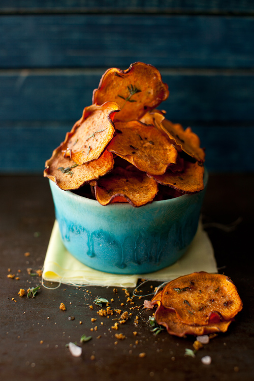 Rustic Blue Bowl Overflowing With Sweet Potato Chips