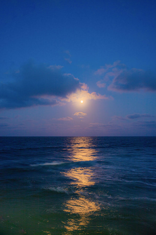 A full moon breaks through dramatic clouds above restless ocean waters, casting a golden reflection across dark waves. The image captures the transitional moment between day and night when warm light still competes with approaching twilight.