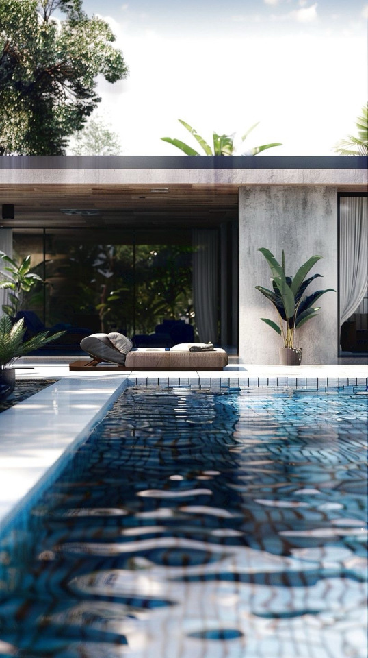 Modern Concrete Home Swimming Pool Tropical Plants
