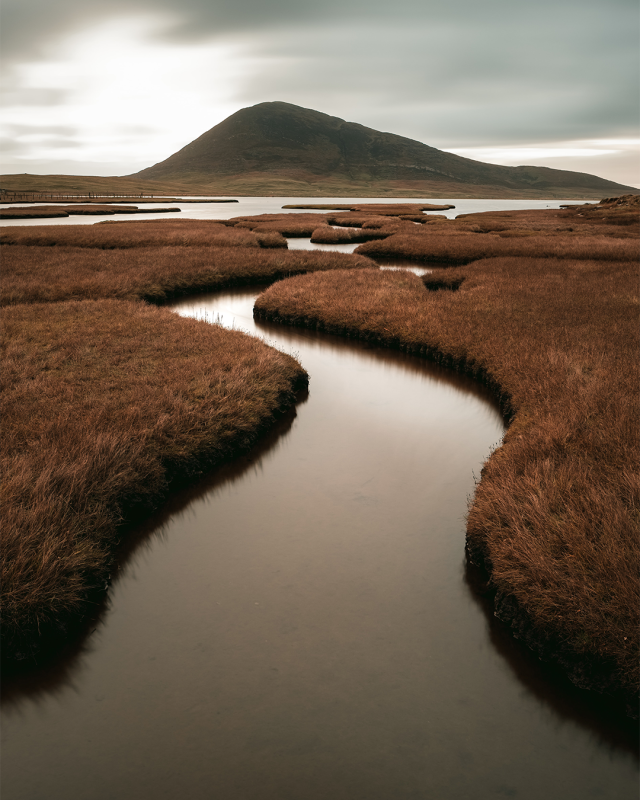 Mountain Lake Brown Grass Stream Cloudy Sky