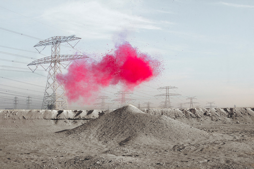 Industrial Landscape With Pink Smoke Aerial View