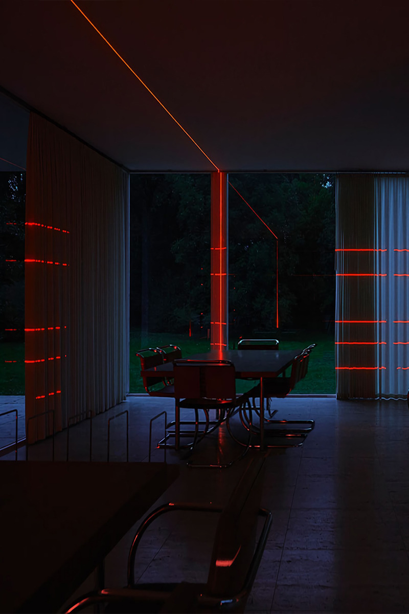 Red Laser Lights Outdoor Dining Area