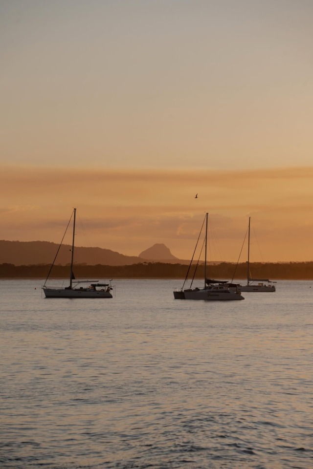 Sailboats Sunset Mountains Horizon Ocean Sky