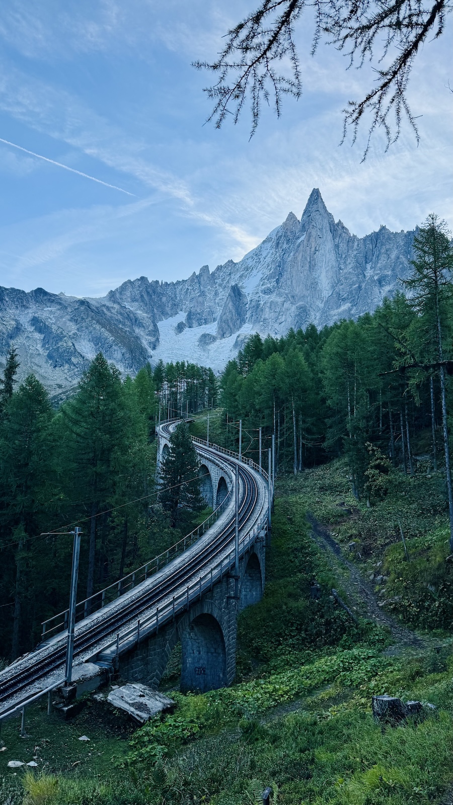 Snow Capped Mountain Peaks Winding Rail Track Forest Green Trees