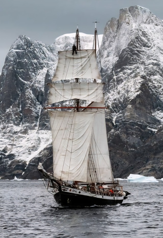 Snow Capped Mountains Sailing Ship Iceberg Seascape