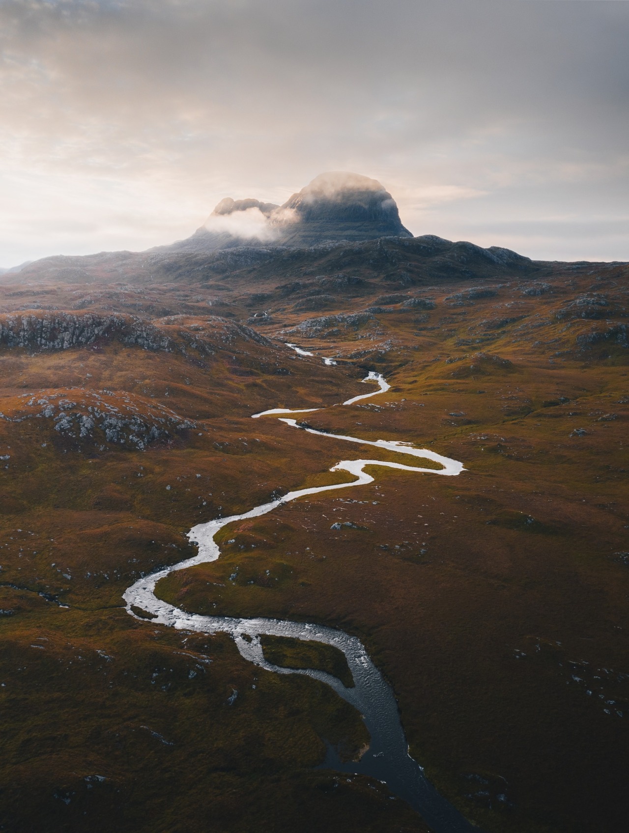 Snowy Mountain Peak Cloudy Sky Winding River Valley