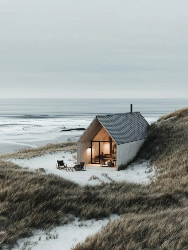 Snowy Wooden Cabin Beach Dune Grass Scenic View