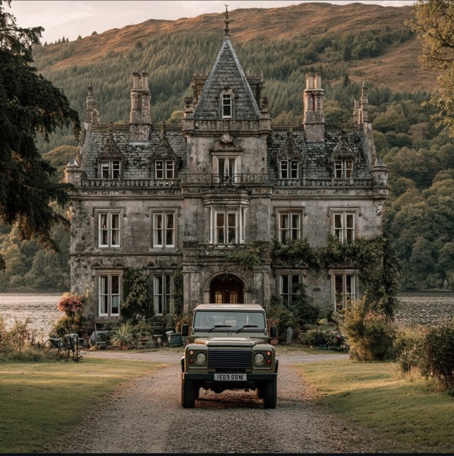 Stone Castle Manor House Mountains Trees Driveway Land Rover