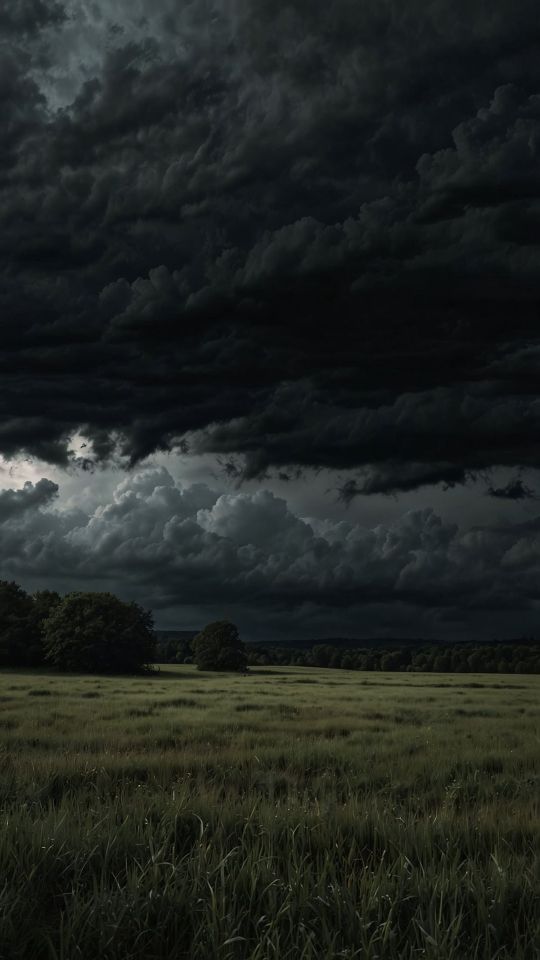 Stormy Dark Clouds Moody Landscape Field Trees