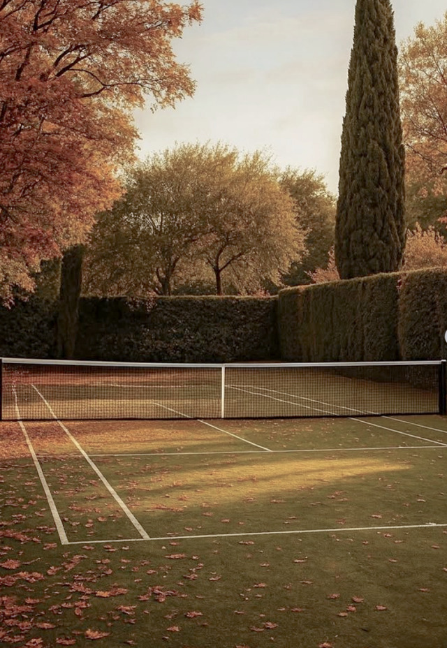 Tennis Court Autumn Leaves Cypress Trees