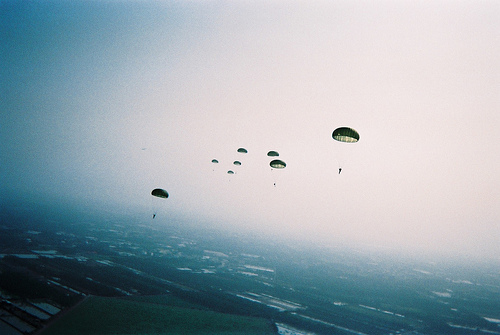 Aerial View Parachutists Misty Peaks