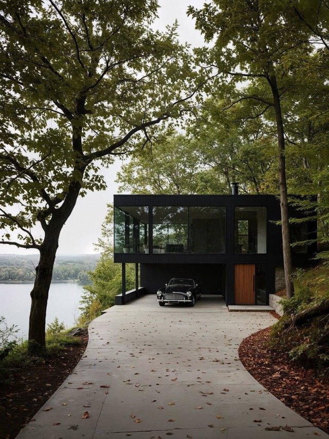 Black Modern House With Vintage Car Concrete Driveway Forest Lake View