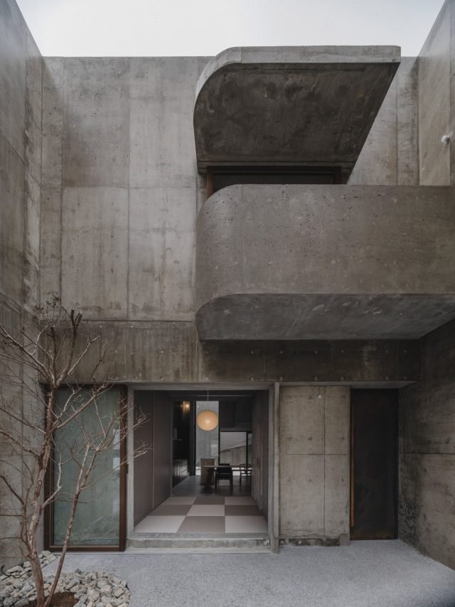 Concrete Brutalist Architecture Courtyard Entrance Glass Doors