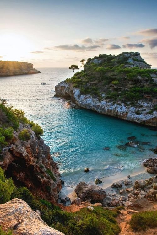 Rocky Cove Turquoise Water Mediterranean Coastline Sunset