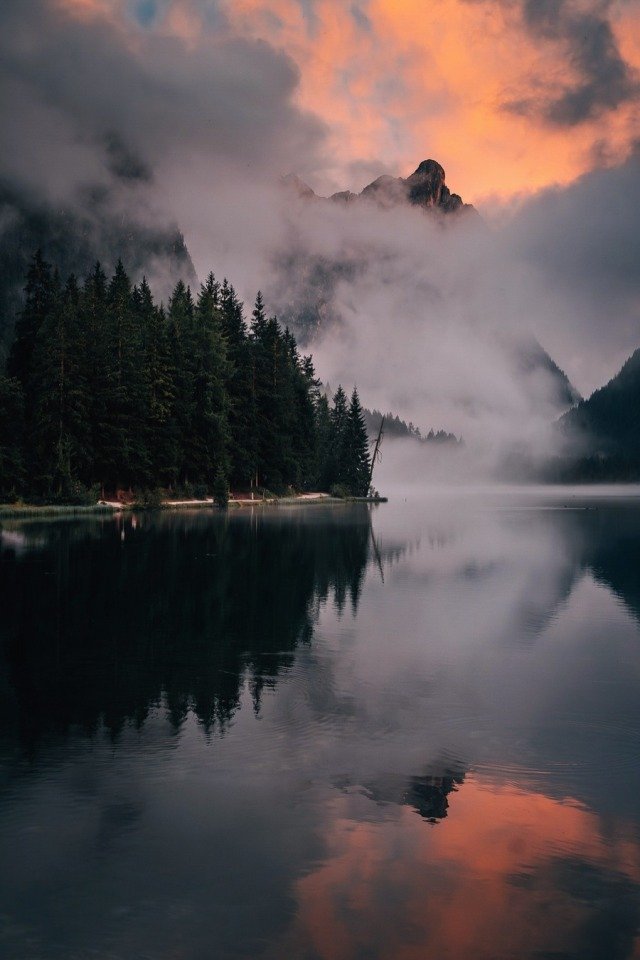 Misty Mountain Lake Pine Forest Sunset Reflection