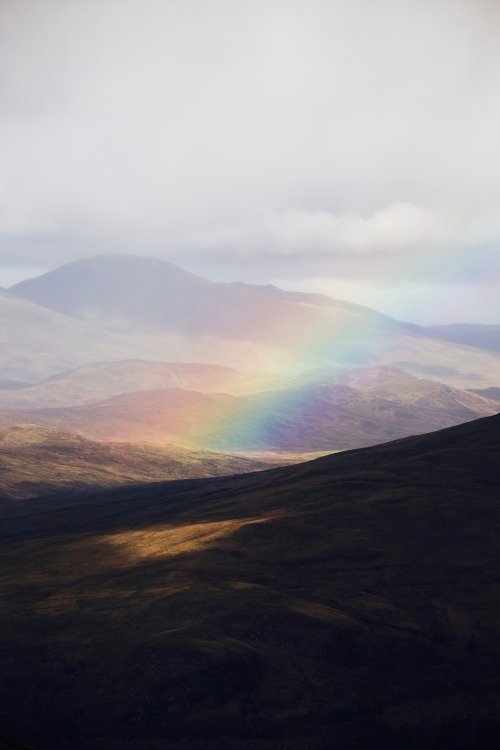 Rainbow Over Misty Highland Hills Brown Moorland