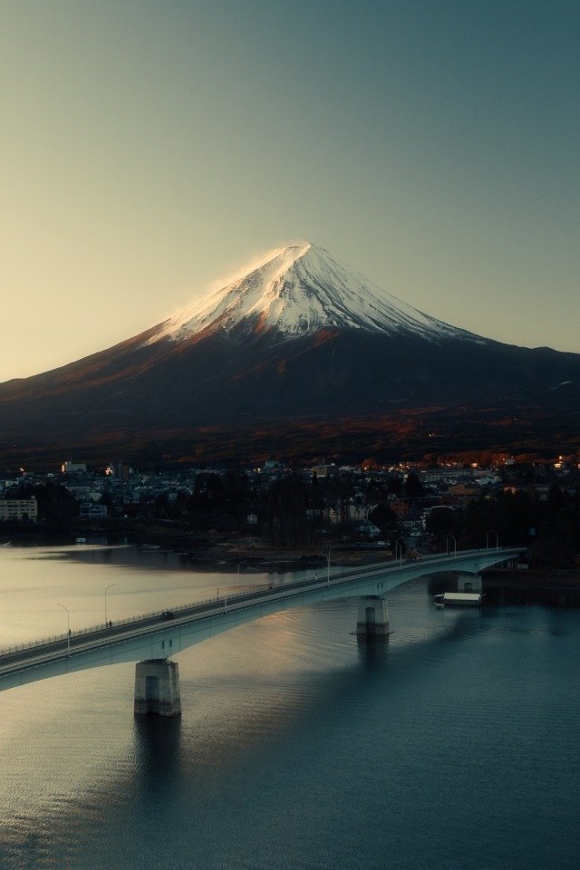 Mount Fuji Snow Cap Bridge Lake Town Sunset