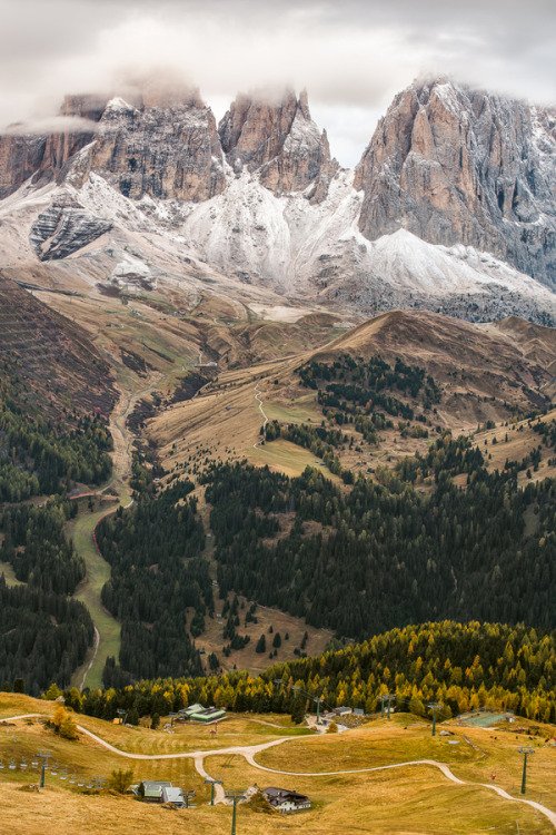 Snow Capped Dolomite Mountain Peaks Alpine Valley Village Roads