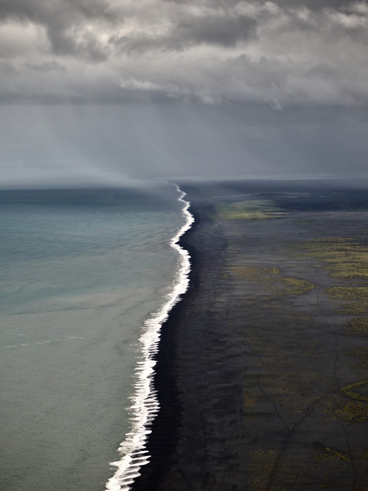 Black Sand Beach White Waves Ocean Coastline Aerial View