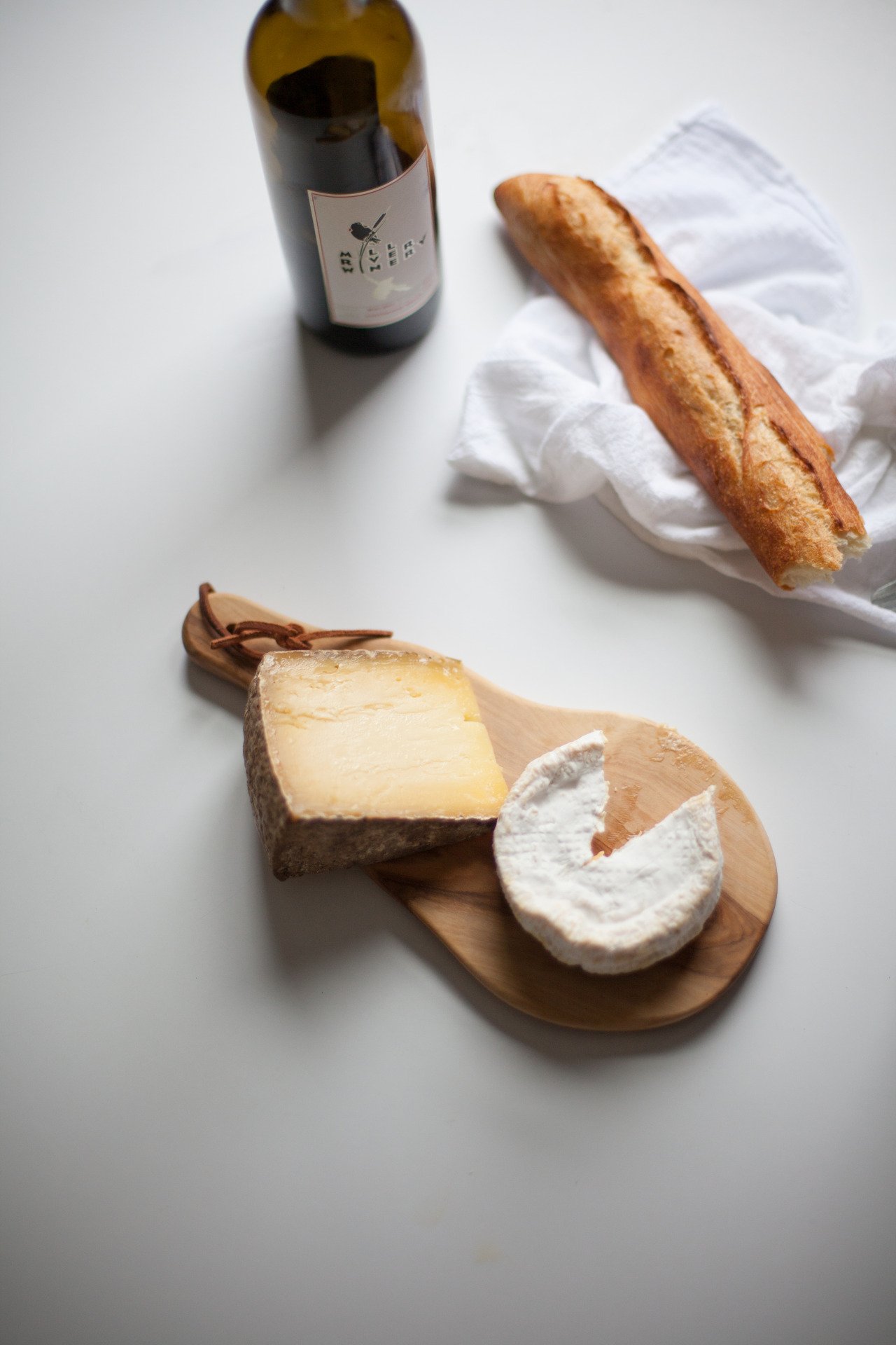 Cheese Board Wine Bottle Fresh Baguette White Linen